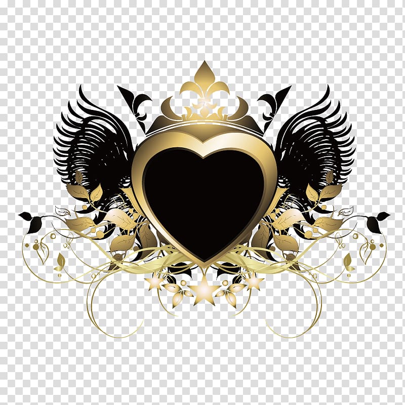 gold heart with black wings and crown illustration, Ornament , Gold heart-shaped decorative borders transparent background PNG clipart