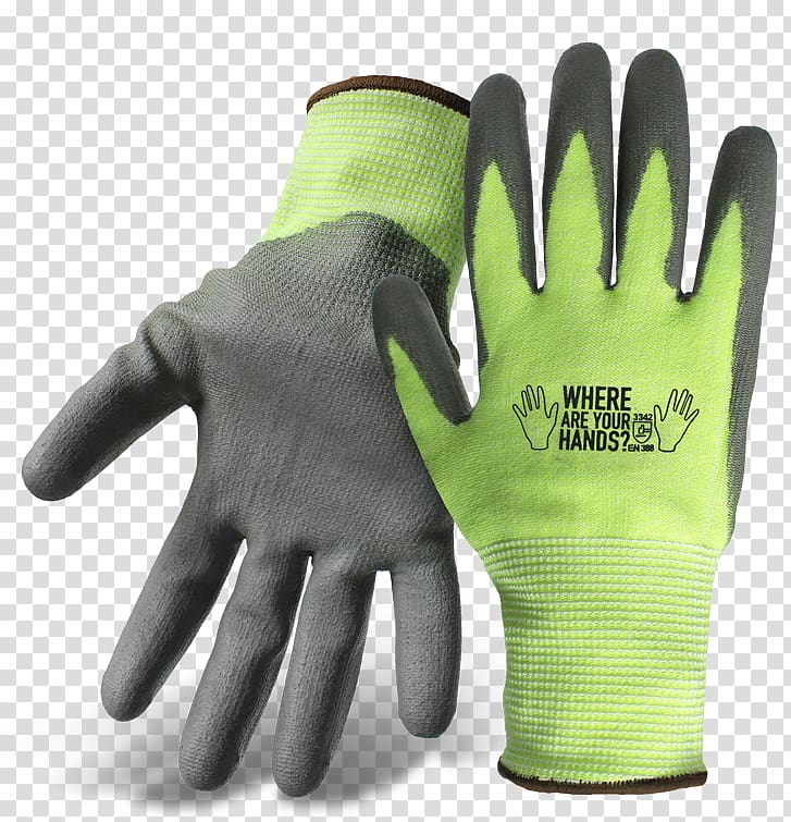 Olefin fiber Polyurethane Spandex Glove Hand, vis with green back transparent background PNG clipart