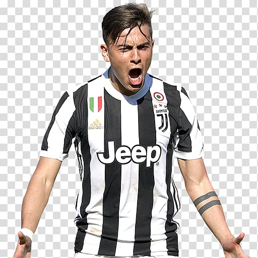 men's white and black striped adidas jersey, FIFA 18 Paulo Dybala Jersey Juventus F.C. FIFA Mobile, Paulo Dybala transparent background PNG clipart