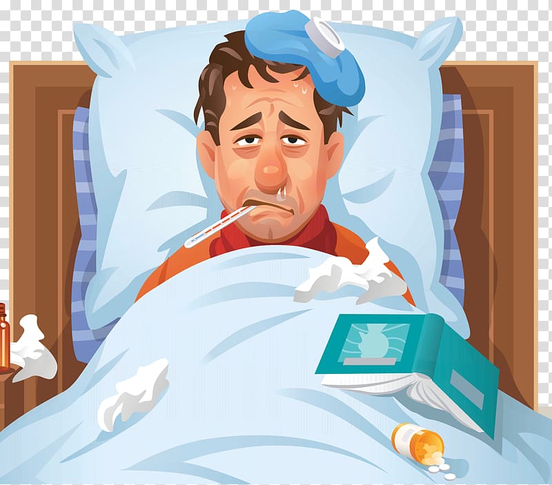 sick man in bed illustration, Common cold Influenza Disease Illustration, Sick bed rest transparent background PNG clipart