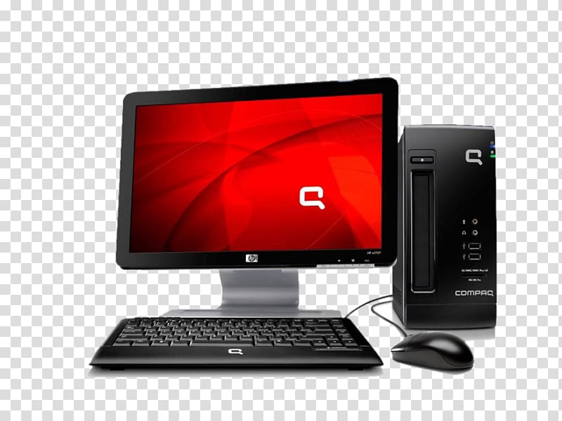 black Compaq computer tower, black keyboard, black mouse, and black HP flat screen computer monitor, Laptop Hewlett-Packard Desktop computer Compaq Presario, Computer desktop PC transparent background PNG clipart