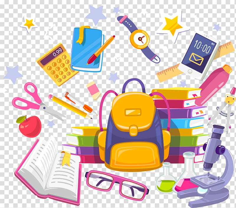 assorted-color item illustrations, School supplies Notebook Illustration, cartoon school bags and books transparent background PNG clipart
