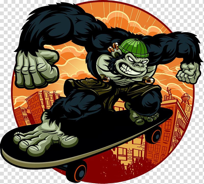 gorilla riding on skateboard , Gorilla Monkey Ape Skateboarding, Gorilla transparent background PNG clipart