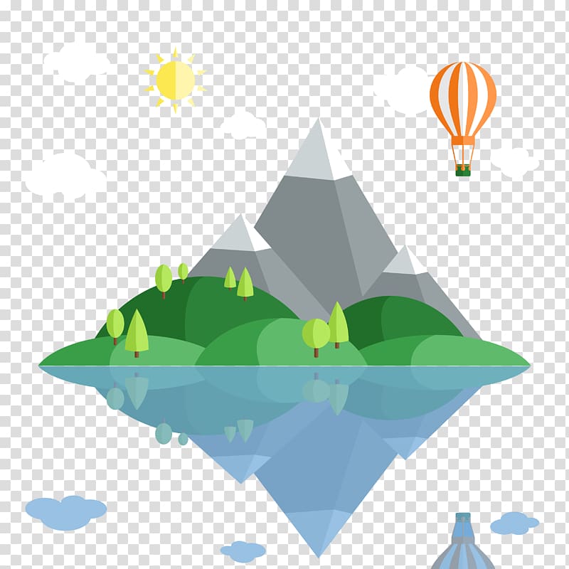 gray mountains near hot air balloon illustration, Island Landscape , Flat sea island landscape material transparent background PNG clipart