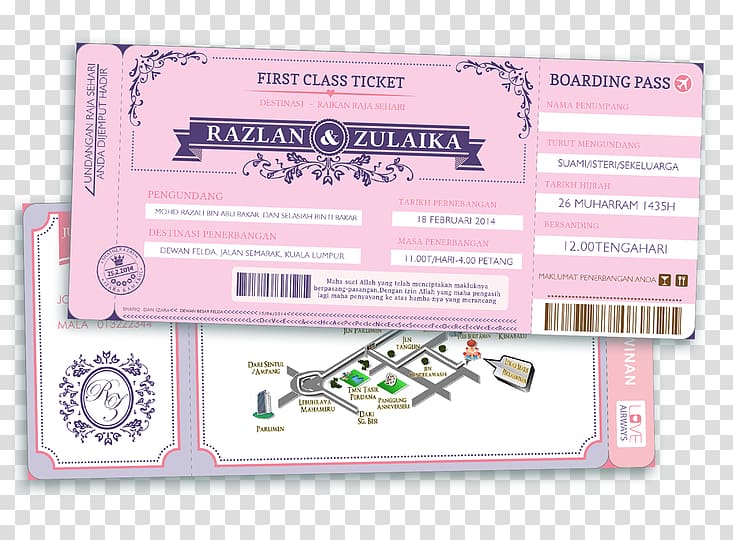 Wedding invitation Flight Airline ticket Press pass Airplane, KAD KAHWIN transparent background PNG clipart