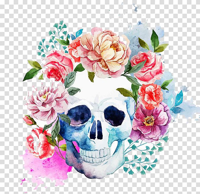 pink and white skull floral painting, Calavera Human skull symbolism Skull art, Watercolor Skull transparent background PNG clipart