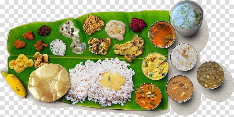 assorted foods on banana leaf, Sadhya Indian cuisine Kerala Vegetarian cuisine Kheer, Sadhya transparent background PNG clipart