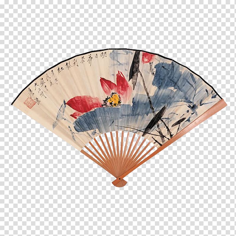 Hand fan Paper Ink wash painting, Lotus Painting folding fan transparent background PNG clipart