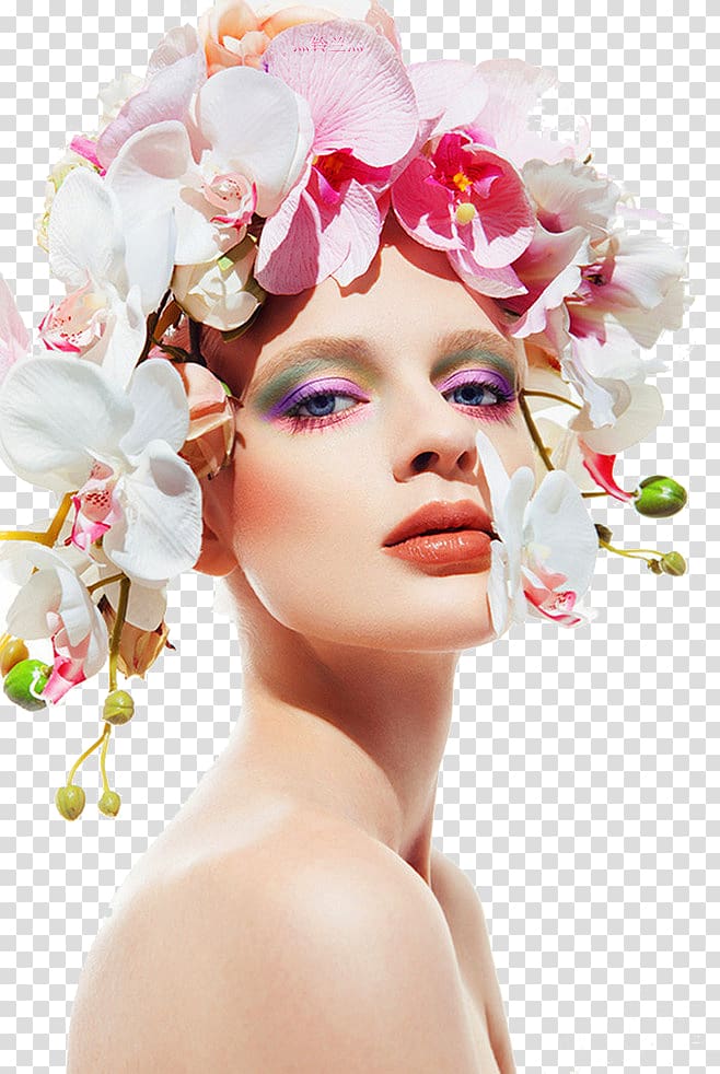 woman with white and pink moth orchid crown, Eye shadow Flower Cosmetics Color, Iris woman transparent background PNG clipart