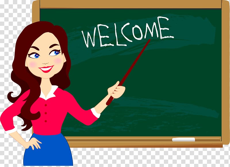 teacher pointing to welcome text written on chalkboard illustration, Student Teacher Blackboard Education, Welcome back to school transparent background PNG clipart