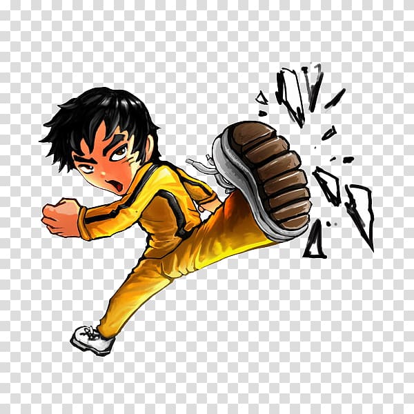 male cartoon character illustration, Cartoon Kick Kung fu Drawing Illustration, Bruce Lee acrobatics transparent background PNG clipart