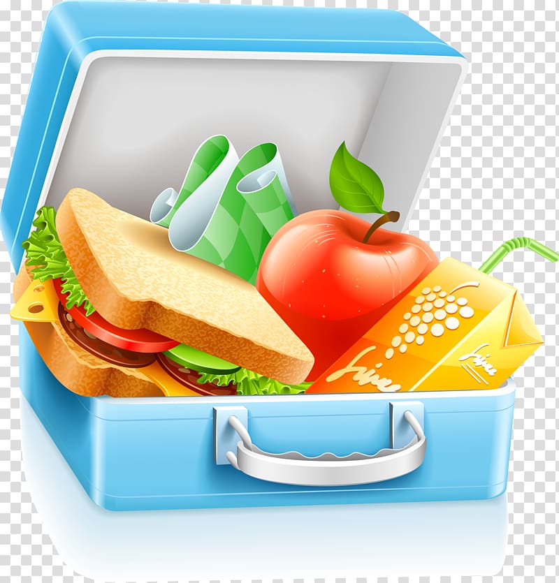 sandwich, apple fruit, and juice inside blue lunchbox illustration, Lunchbox School meal , lunch box transparent background PNG clipart