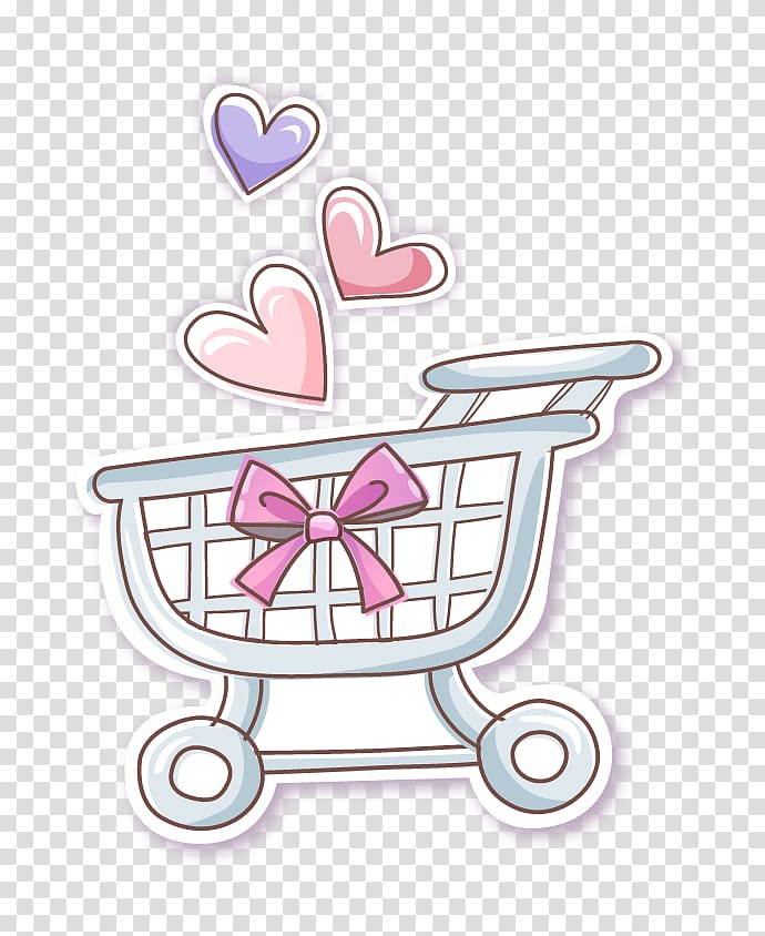 Shopping cart Illustration, Hand-painted silver heart-shaped bow cart transparent background PNG clipart