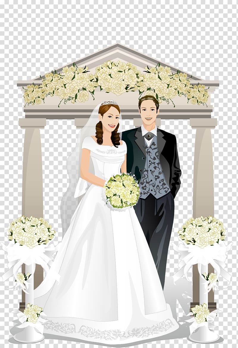 bridge and groom standing near building with columns illustration, Bridegroom Wedding, The bride and groom wedding white flowers material transparent background PNG clipart