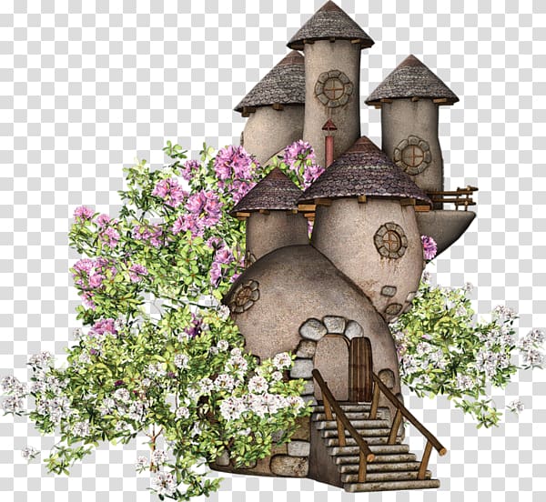 brown concrete hut with pink petaled flowers illustration, House Fairy Building , Cartoon Castle transparent background PNG clipart
