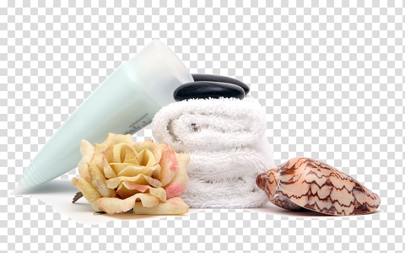 white towels beside brown seashells and yellow rose, Lotion Skin care Shea butter Moisturizer, health spa skin care products transparent background PNG clipart