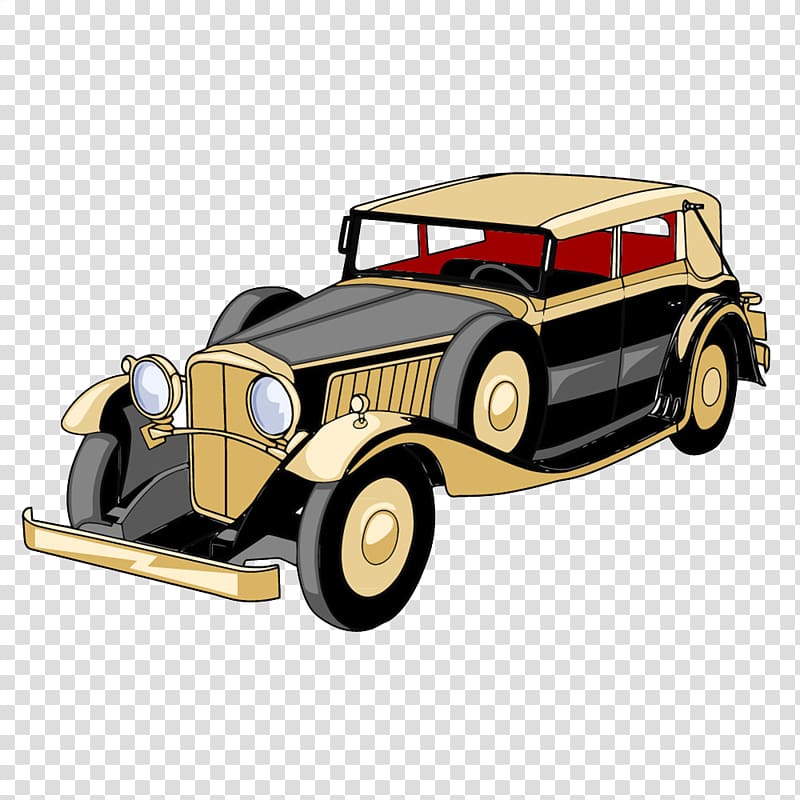 Sports car Cartoon Illustration, Cartoon illustration painted yellow vintage car transparent background PNG clipart