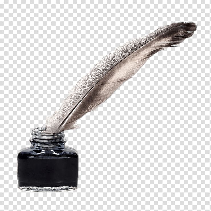 beige and black feather pen and clear glass ink bottle illustration, Feather Quill Pen and Ink Pot transparent background PNG clipart