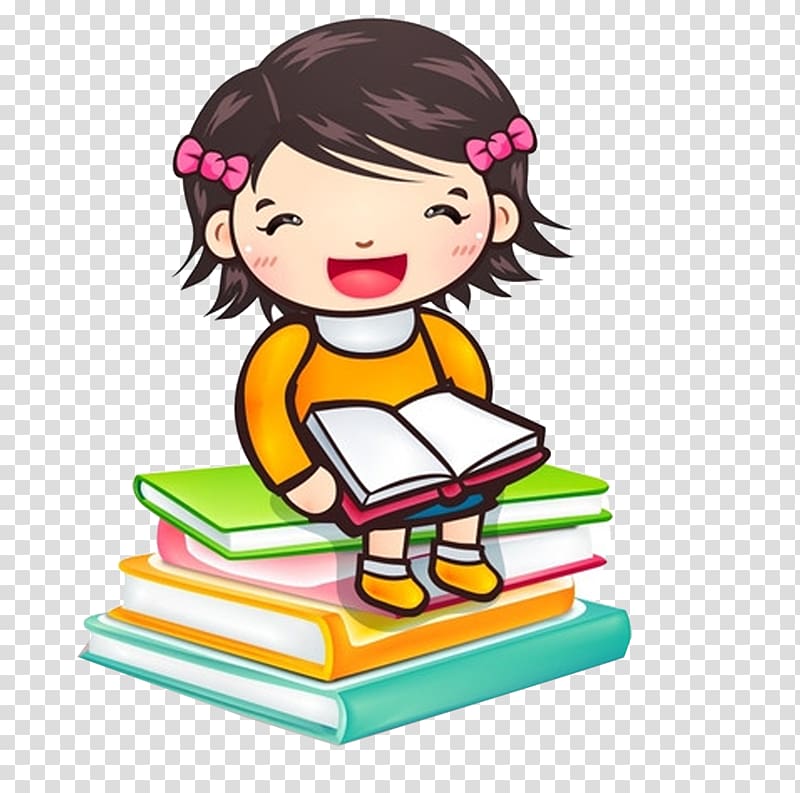 Reading Child Girl Book , Cartoon girl sitting on books transparent background PNG clipart