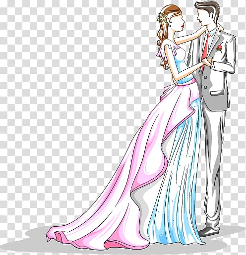 Cartoon Wedding Illustration, Valentines Day painted the bride and groom transparent background PNG clipart