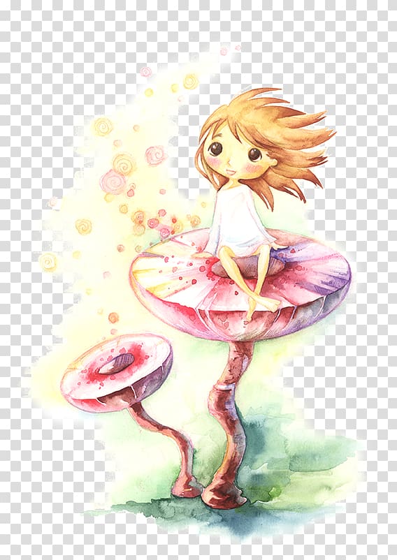 South Korea Cartoon Child Illustration, Cute girl on mushrooms transparent background PNG clipart