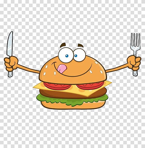 Hamburger Cartoon illustration, Hamburger with knives and forks transparent background PNG clipart