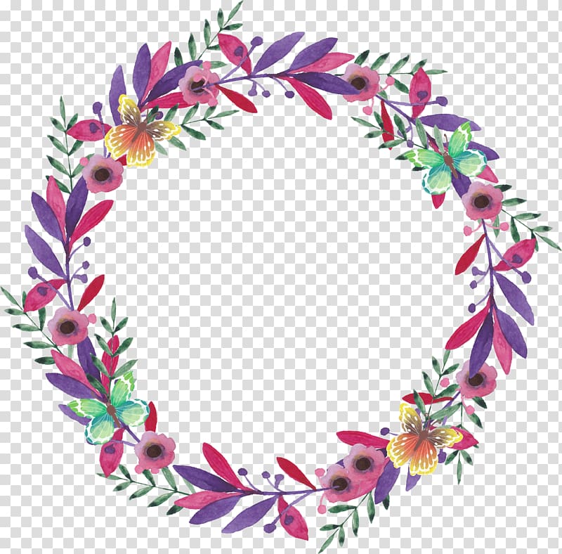 pink, blue, and green floral wreath illustration, Flower Watercolor painting Wreath, painted garlands transparent background PNG clipart