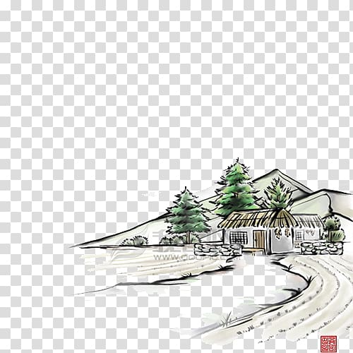 Ink wash painting Chinese painting Fukei, Country Road transparent background PNG clipart