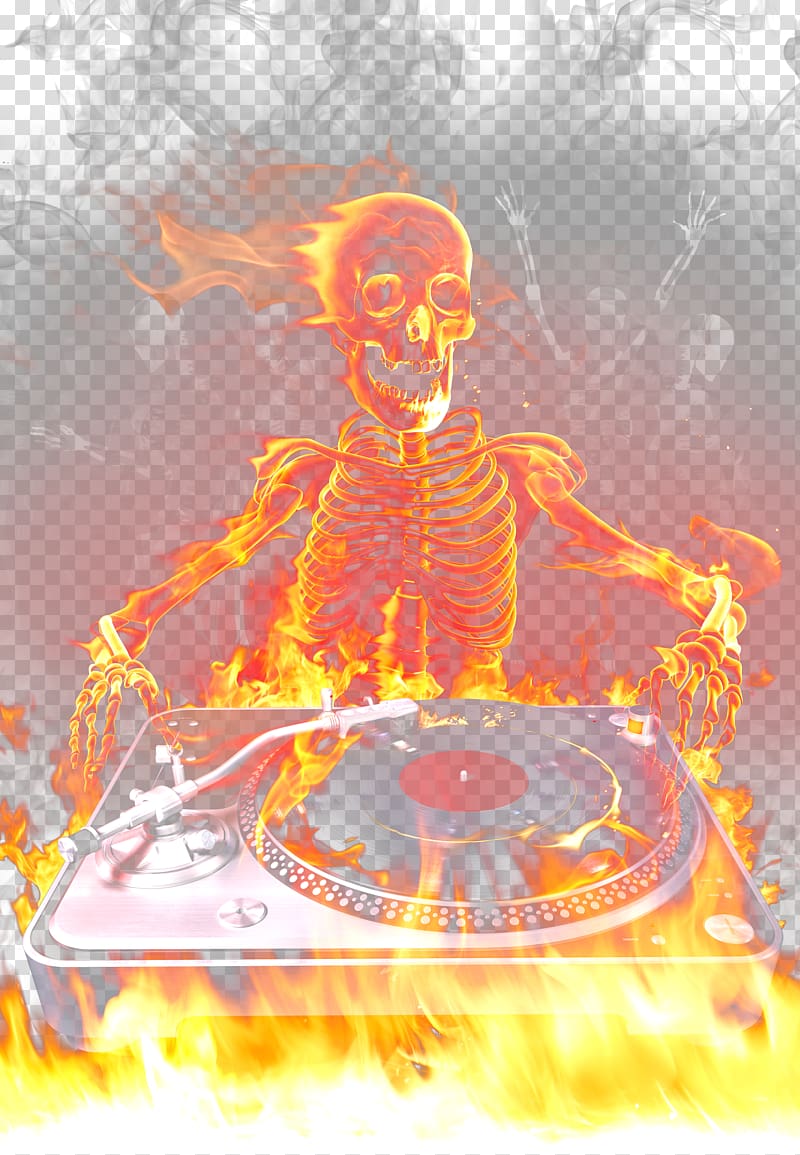 skeleton and turntable , Disc jockey Flame, Cranial skeleton man chef transparent background PNG clipart