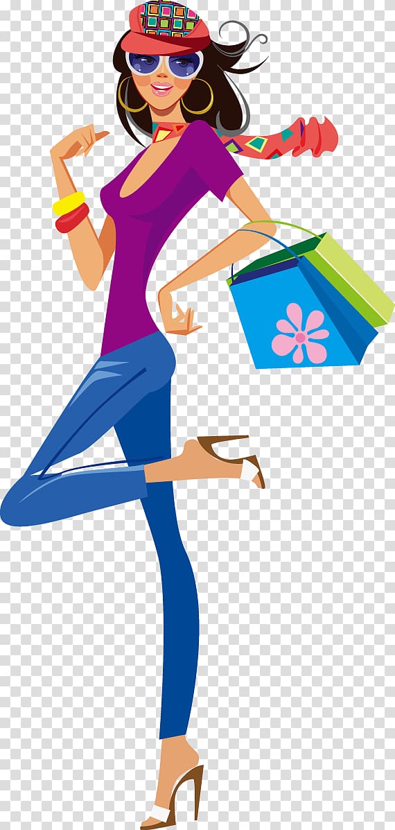 Shopping Clothing Illustration, Fashion shopping girl silhouette, female holding green and blue bags transparent background PNG clipart