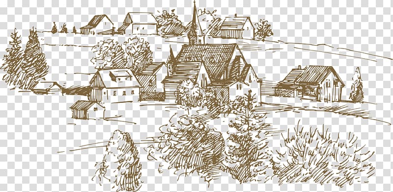 brown houses sketch illustration, Agriculture Drawing Farm Field, European-style hand drawing artwork transparent background PNG clipart
