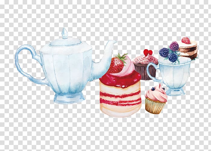 pastries beside teapots, Teacake Teapot Kettle, Drawing teapot tea cake transparent background PNG clipart