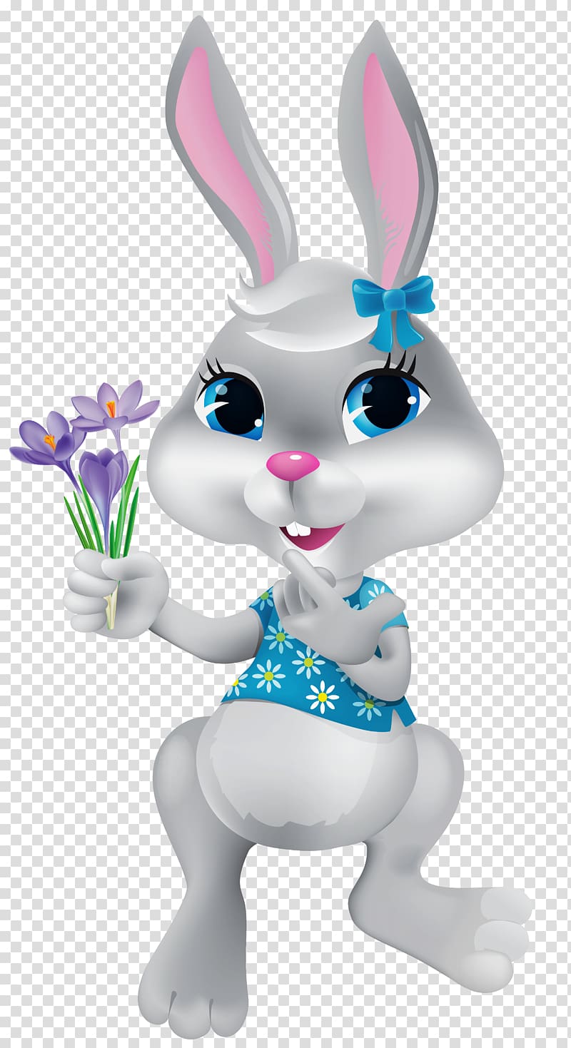 gray rabbit holding purple crocus flowers illustration, Easter Bunny , Easter Bunny with Crocuses transparent background PNG clipart