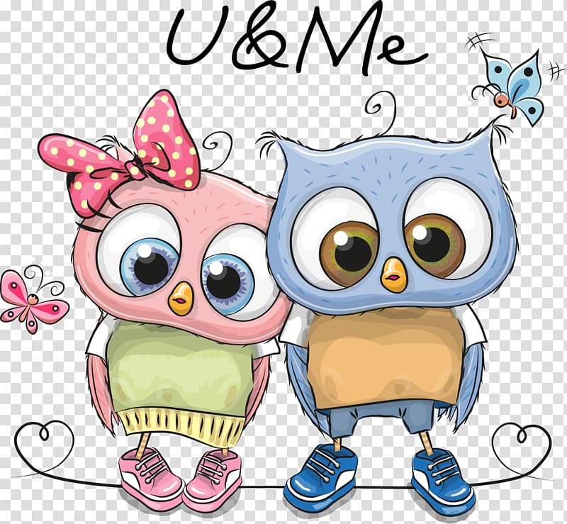 two pink and blue owl with U & Me , Owl Cartoon , cartoon bird transparent background PNG clipart