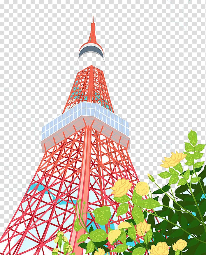 Tokyo Tower Illustration, Red Tokyo Tower surrounded by flowers transparent background PNG clipart