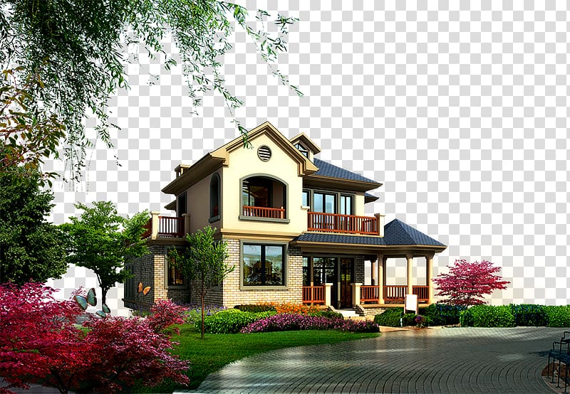 brown and multicolored house near trees illustration, Landscape Garden, Property Villa transparent background PNG clipart