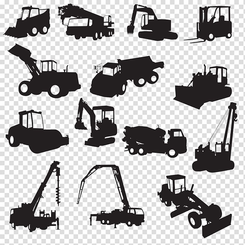 heavy equipment stencil illustrations, Heavy equipment Architectural engineering Silhouette Excavator, Excavator Collection transparent background PNG clipart