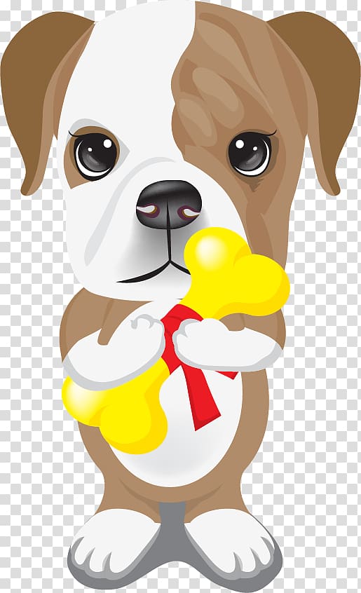 white and brown puppy holding yellow bone with red ribbon art, Bulldog Puppy Cat , painted dog transparent background PNG clipart
