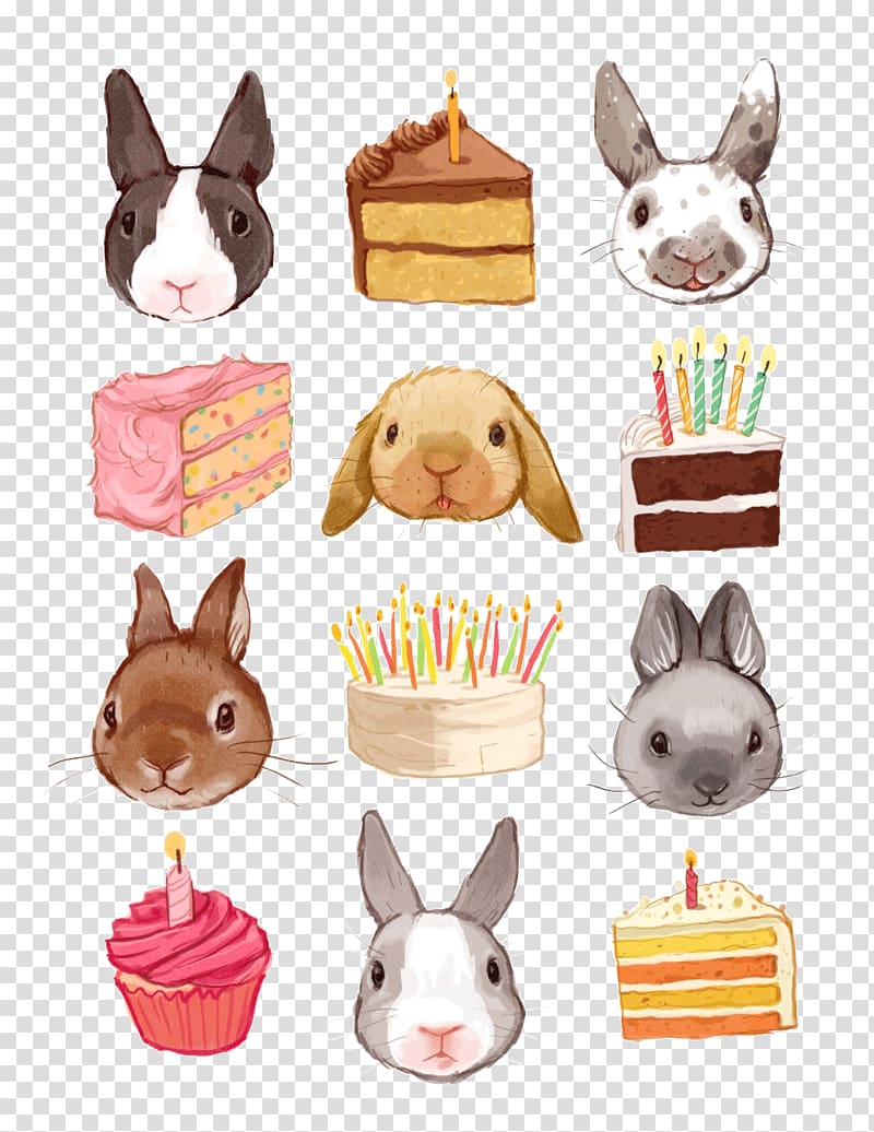 rabbits and watercolor cake transparent background PNG clipart
