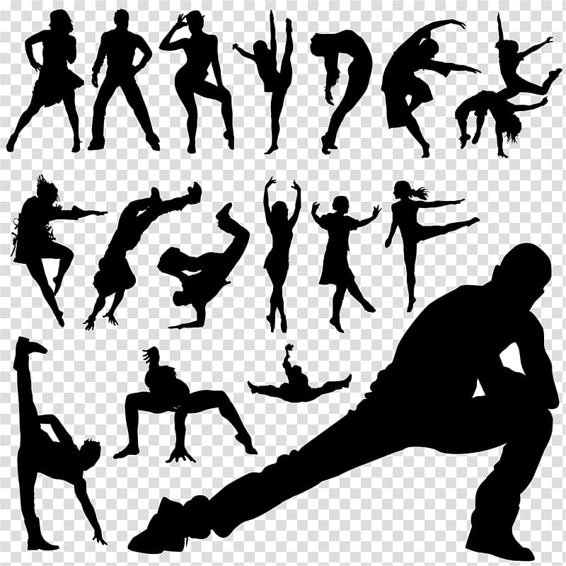 assorted-position yoga illustration, Hip-hop dance Hip hop music, Dancers silhouettes material 18 models, transparent background PNG clipart