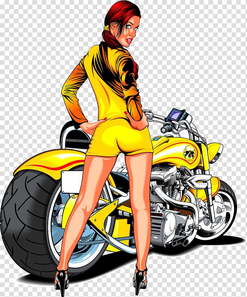 woman wearing yellow suit standing near motorcycle illustration, Motorcycle Scooter Cartoon Chopper, Woman Motorcycle Racing transparent background PNG clipart