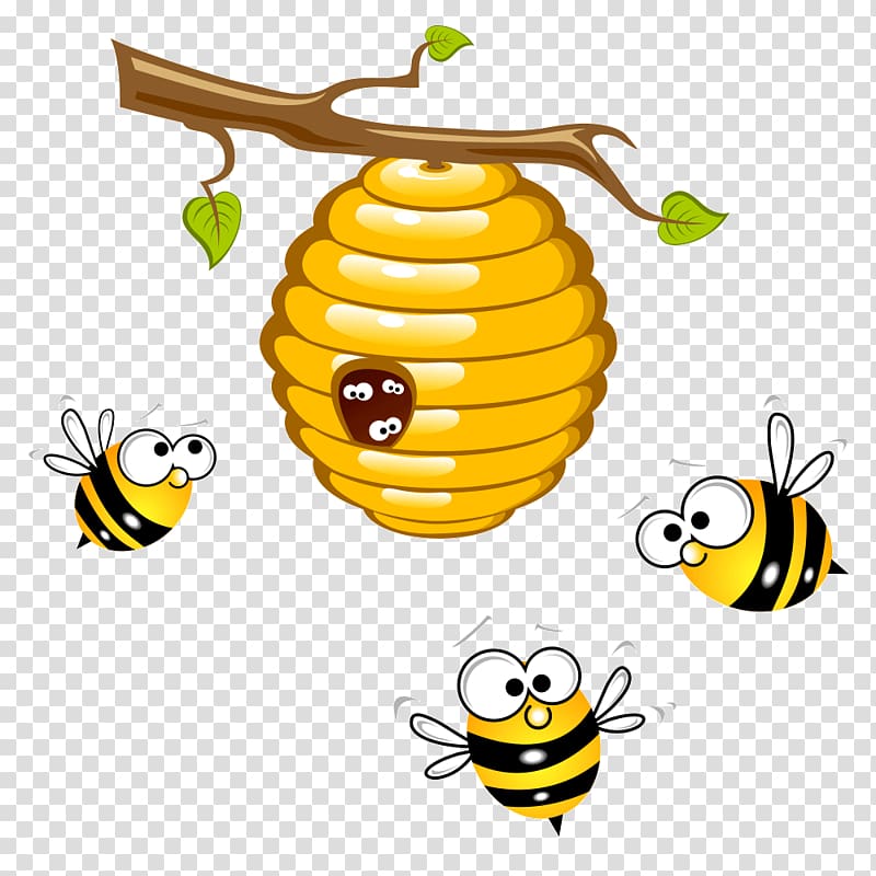 three bees flying around hive , Honey bee Beehive Bumblebee , bee transparent background PNG clipart