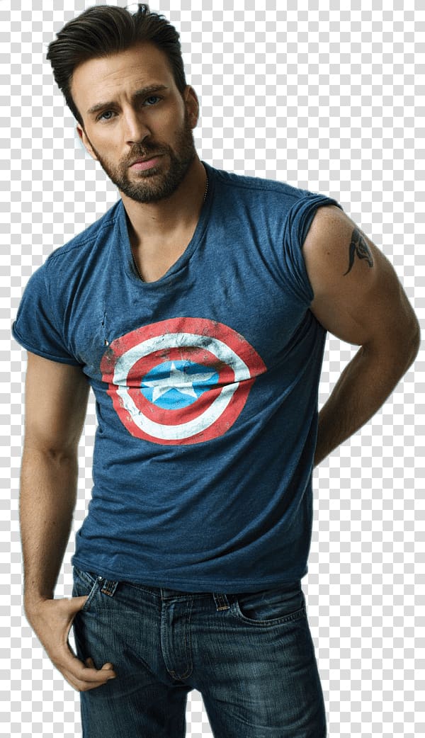 man putting his hand inside blue denim jeans pocket, Chris Evans Captain America T Shirt transparent background PNG clipart