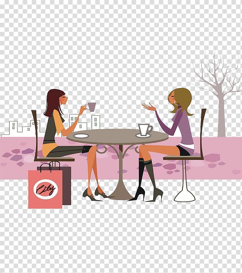 Dubai Illustration, Two beautiful women drink coffee transparent background PNG clipart