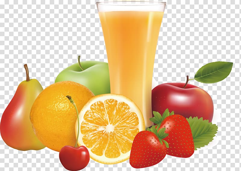 clear drinking glass and fruits illustration, Orange juice Apple juice Fruit, Fresh fruit juice transparent background PNG clipart