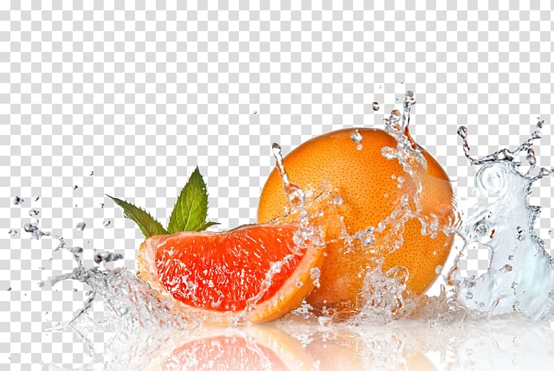 sliced grapefruit with splash of water illustration, Fruit Orange , Oranges and water transparent background PNG clipart