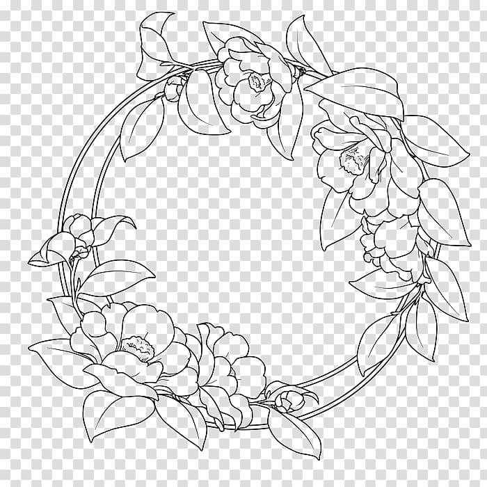 Flower Camellia Round Border Artwork Black And White