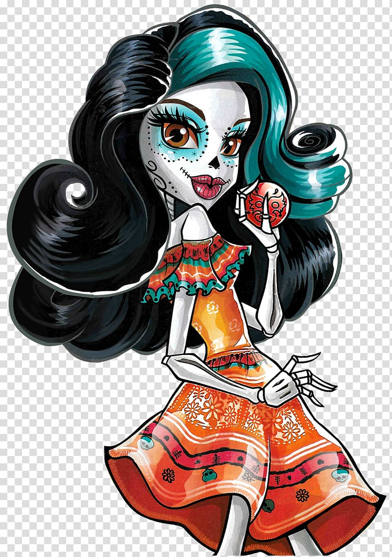 female wearing orange dress skeletal art, Skelita Calaveras Monster High Doll Ever After High, calavera transparent background PNG clipart