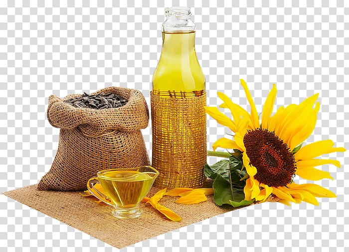 yellow and black sunflower beside the bottle, Vegetable oil Sunflower oil Olive oil Refining, Sunflower oil transparent background PNG clipart