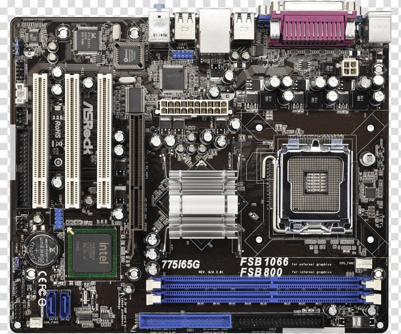 Intel LGA 775 Motherboard ASRock 775i65G microATX, Lga 775 transparent background PNG clipart